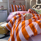 Orange pink stripe Duvet Cover Set (includes Duvet Cover + Pillowcases 3pcs)