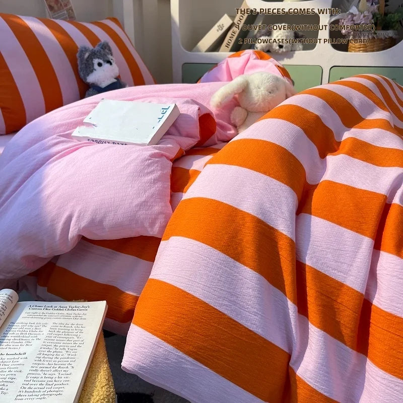 Orange pink stripe Duvet Cover Set (includes Duvet Cover + Pillowcases 3pcs)