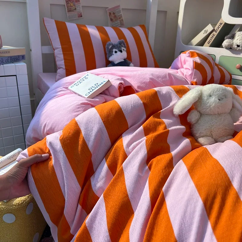 Orange pink stripe Duvet Cover Set (includes Duvet Cover + Pillowcases 3pcs)