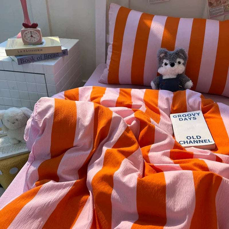 Orange pink stripe Duvet Cover Set (includes Duvet Cover + Pillowcases 3pcs)