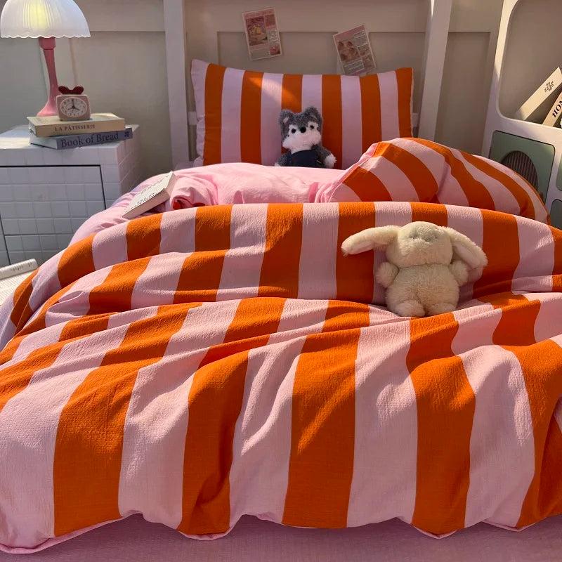 Orange pink stripe Duvet Cover Set (includes Duvet Cover + Pillowcases 3pcs)
